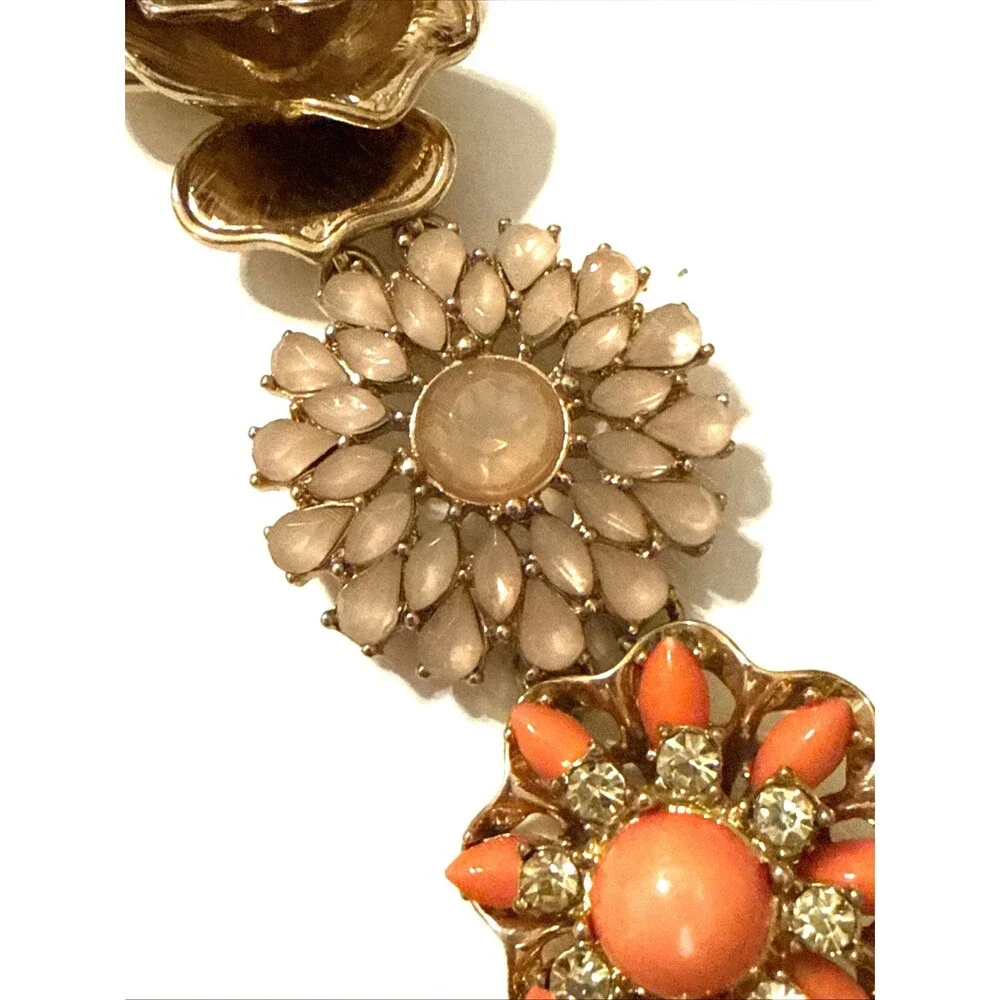 Banana Republic Flower Bouquet Bracelet Gold Tone Floral Statement Link 8